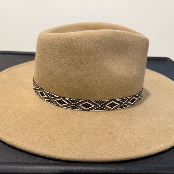 Natural Reflections Wool Felt Tan Wide Brim Hat w/ Patterned Aztec Band Safari - Picture 3 of 9
